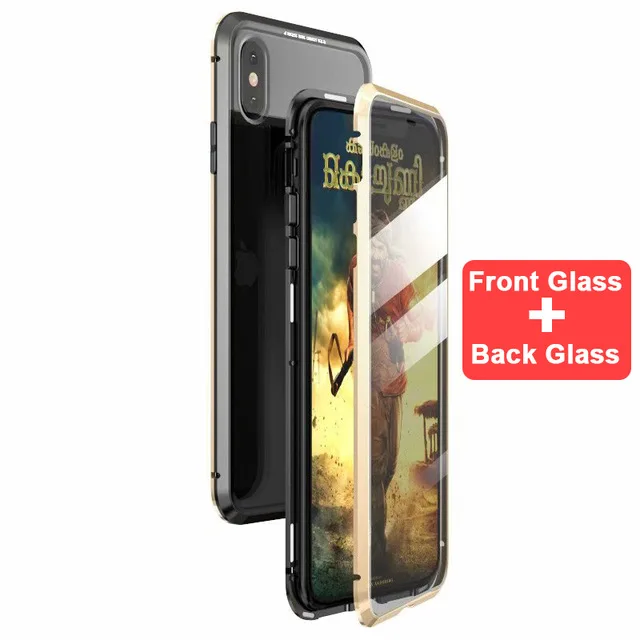 Магнитный чехол для Iphone XS MAX X 7 8 Plus, металлический чехол для телефона, двухсторонний чехол из закаленного стекла 360, чехол s Fundas Capa Carcasa - Цвет: black gold