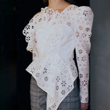 

Lace Blouse Shirts Skew Collar Hollow out Asymmetric One Shoulder Women Shirts Blouse High Street