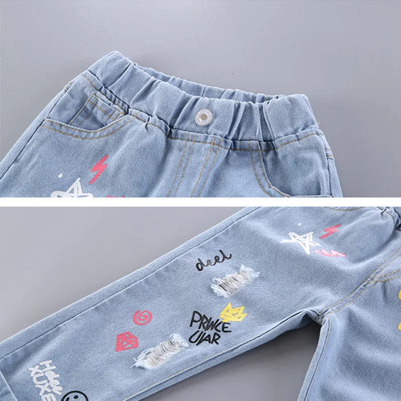Джинсы для девочек рваные штаны джинсовые брюки Сломанные Отверстия леггинсы с героями мультфильмов свет Цвет Эластичная детская одежда