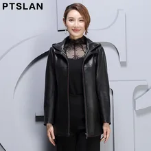 Ptslan 2017 Women Plus Size Real Leather Jackets Autumn Genuine Leather Overcoat Hooded Leather Coats