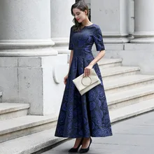 Xxxl! marca de alta calidad más el tamaño de largo dress 2017 primavera vendimia de las mujeres jacquard de impresión media manga elegante del partido maxi dress azul