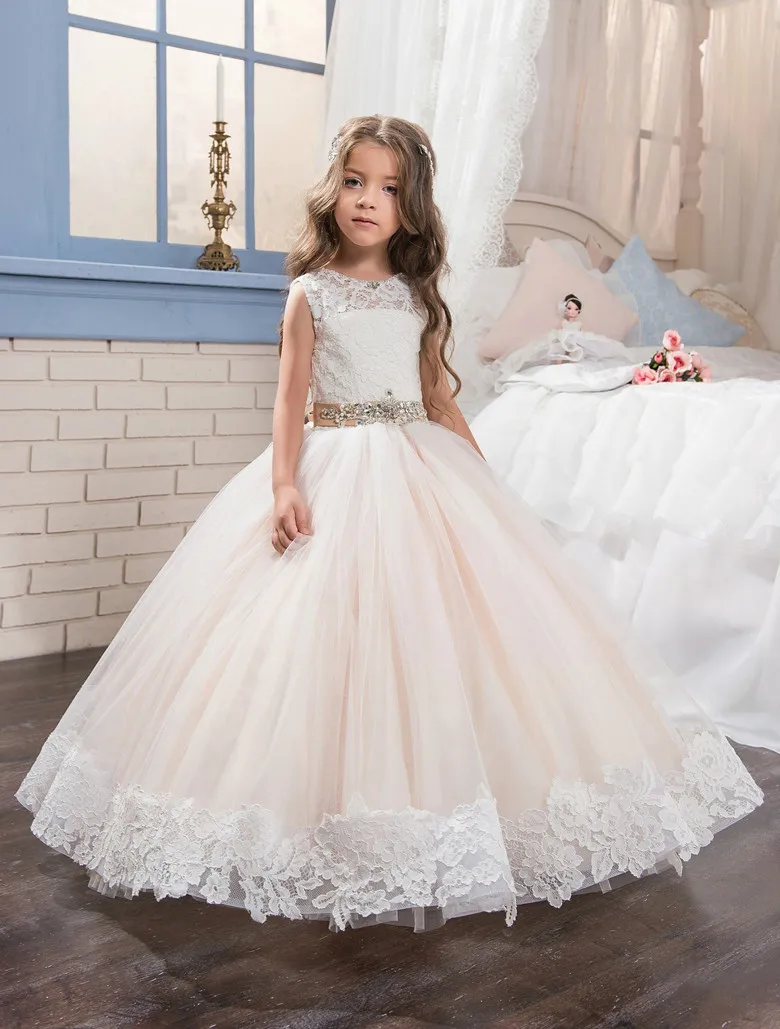 2019 vestidos de primera comunión para niñas vestido de baile encaje borde tul cuello redondo
