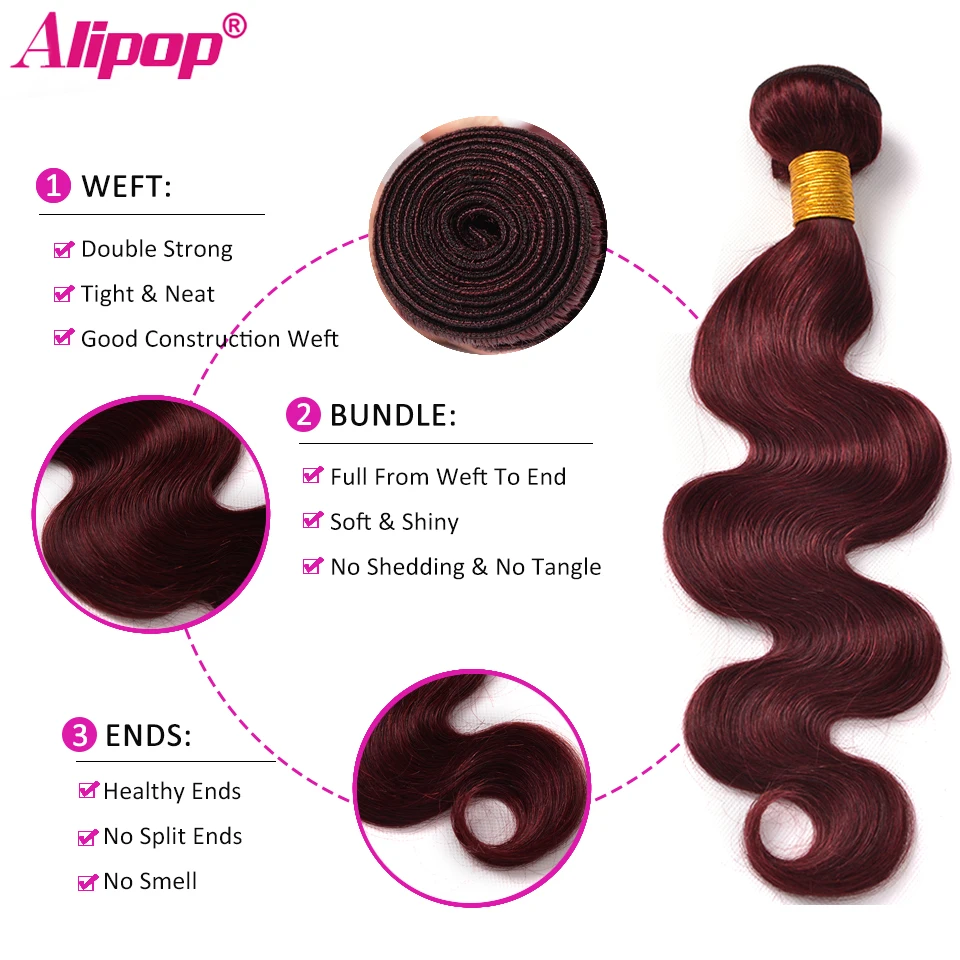 99JBurgundy Red Color Body Wave Bundles Brazilian Hair Colored Human Hair 3 Bundles Wet and Wavy Non Remy Human Hair ALIPOP (1)