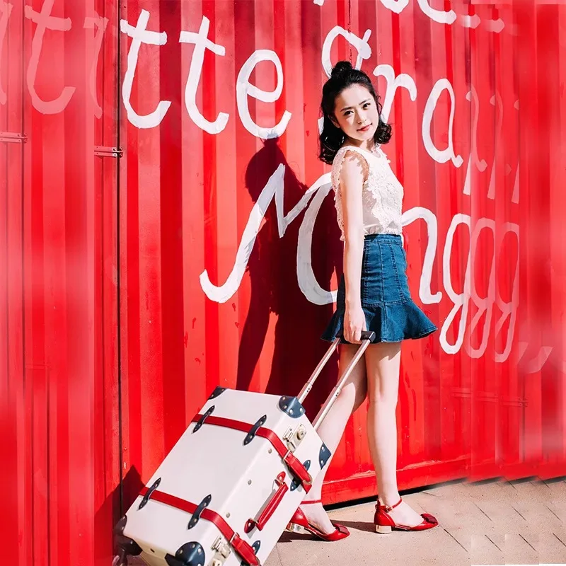 US $105.84 Retro Travel Suitcase On Wheels Fashion Spinner Rolling Luggage Women Fashion Caibin Trolley Suitcase PU Leather Road Suitcase