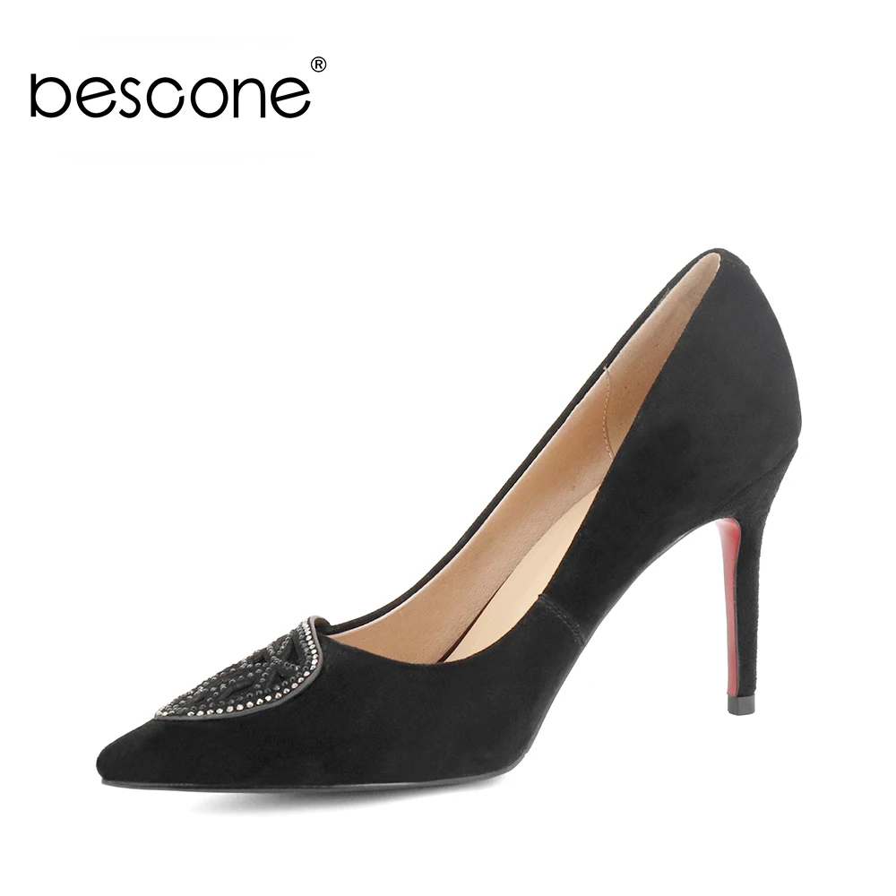 

BESCONE Party Pumps Elegant Pointed Toe Slip-on Fashion Woman Shoes Crystal Flower Genuine Leather Thin Heel Working Pumps A38