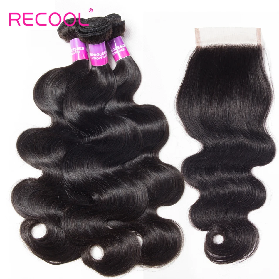 

Recool Body Wave Bundles With Closure Brazilian Hair Weave 3 Bundles With Closure Human Hair With Swiss Transparent Lace Closure