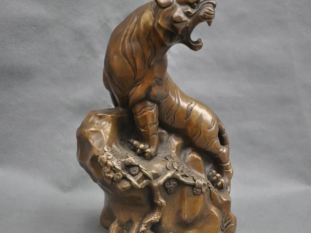 

10'' China King of The Forest Tiger Roaring On Mountain Bronze Statue