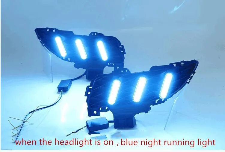 

eOsuns led drl daytime running light for Mazda 3 2006-2009 with moving yellow turn signals and blue night running light
