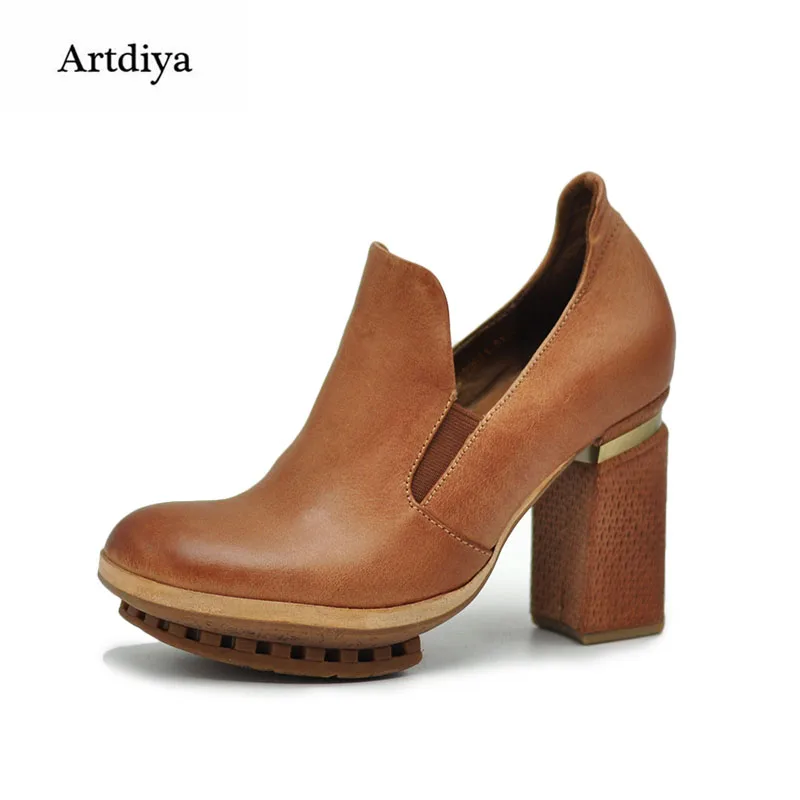 

Artdiya Original Retro Square Toe Cowhide Thick Heels Women's Shoes 2018 New Spring Waterproof Platform High Heels Shoes 1083-5