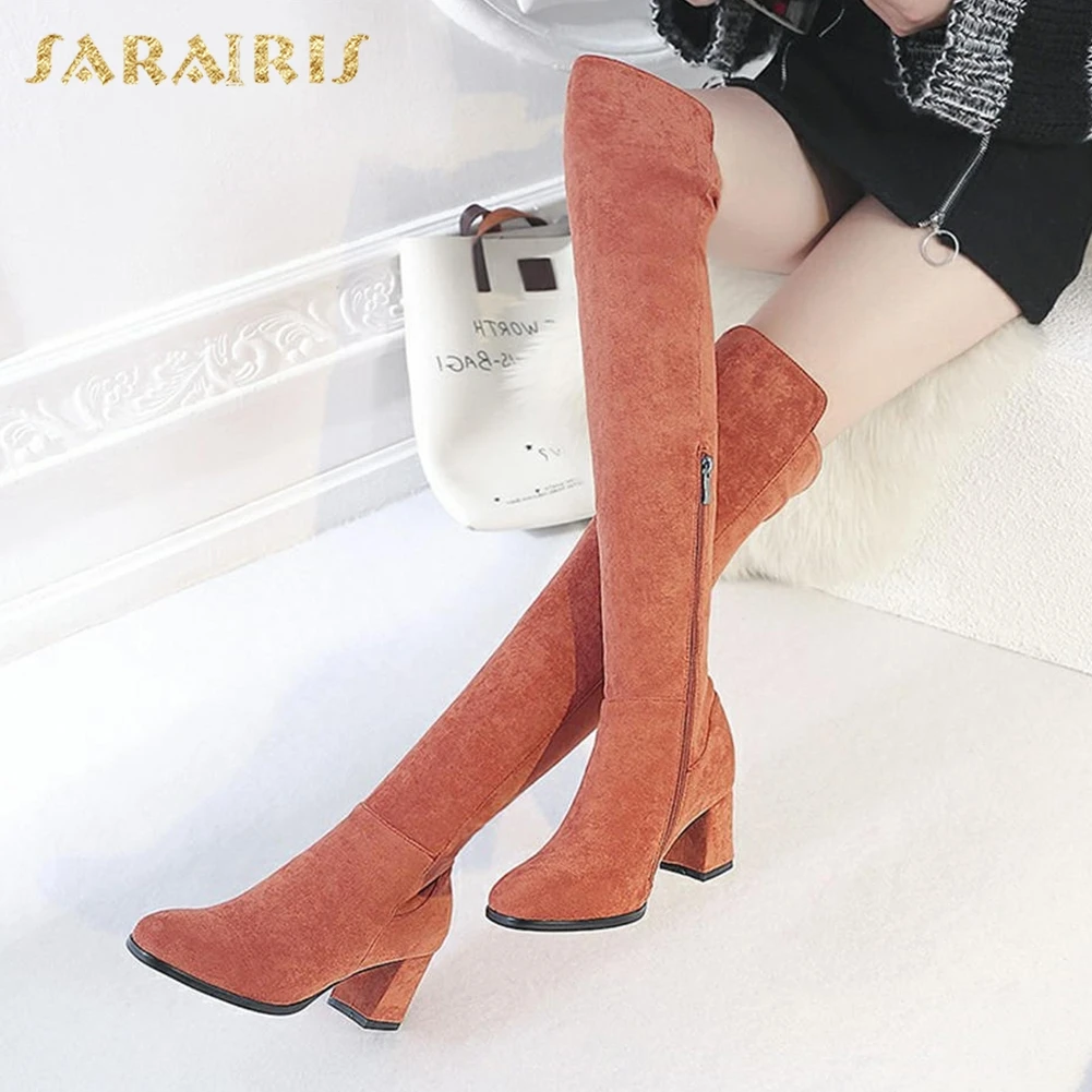 

SARAIRIS NEW High Quality Zip Up Square Heels Add Fur Women Boots Over The Knee Boots Female Shoes Woman Large Size 34-43
