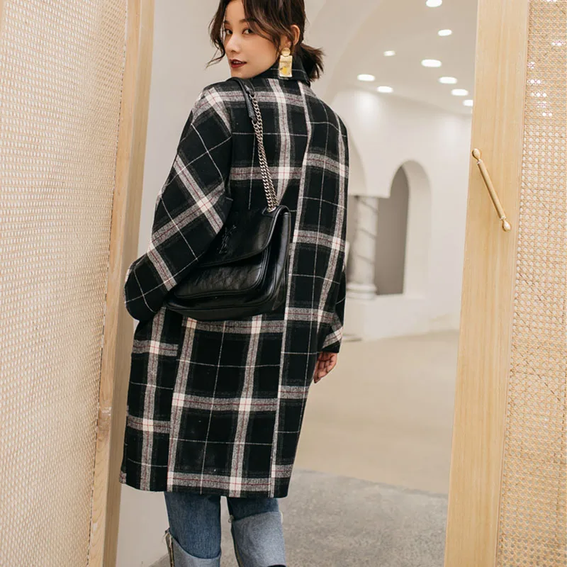 Cheerart Winter Long Wool Coat Women Plaid Coat Plus Size Tweed Big Lapel Coat Vintage Knee Length Woolen Outerwear Coat