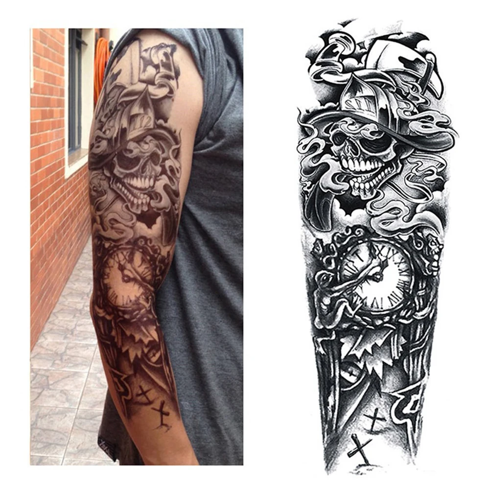 الرجال النساء الكامل الذراع المؤقتة الوشم الجسم الفن الجمجمة الزهور ملصق مضاد للمياه المؤقتة الوشم الأزياء
