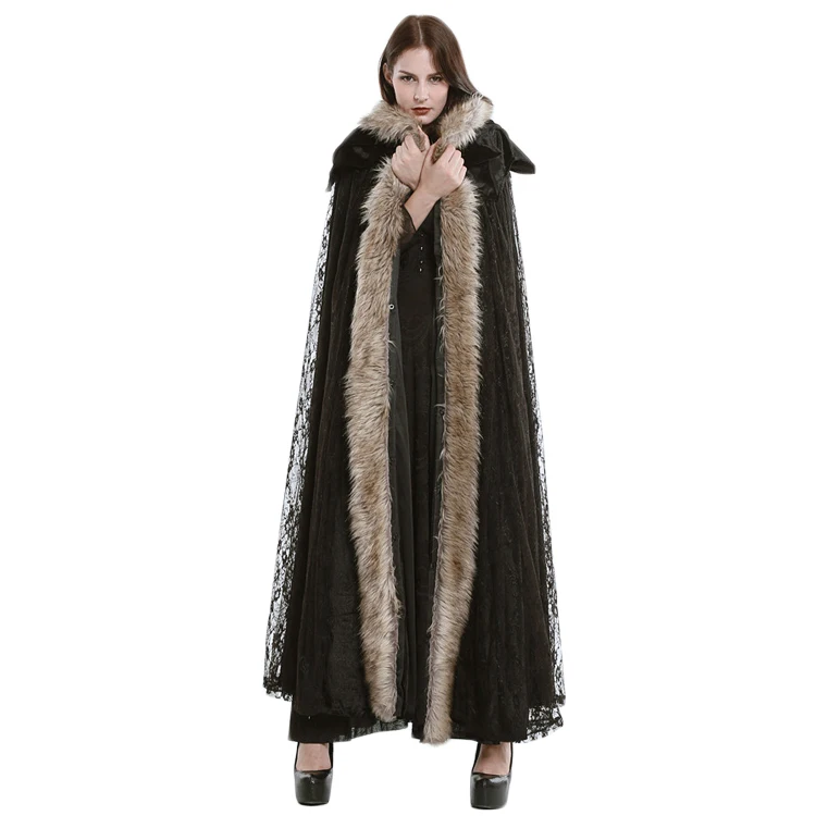 

Gothic fashion Women lace embellished shawl black hooded Faux Fur Coat ankle length cloak winter Coat Women