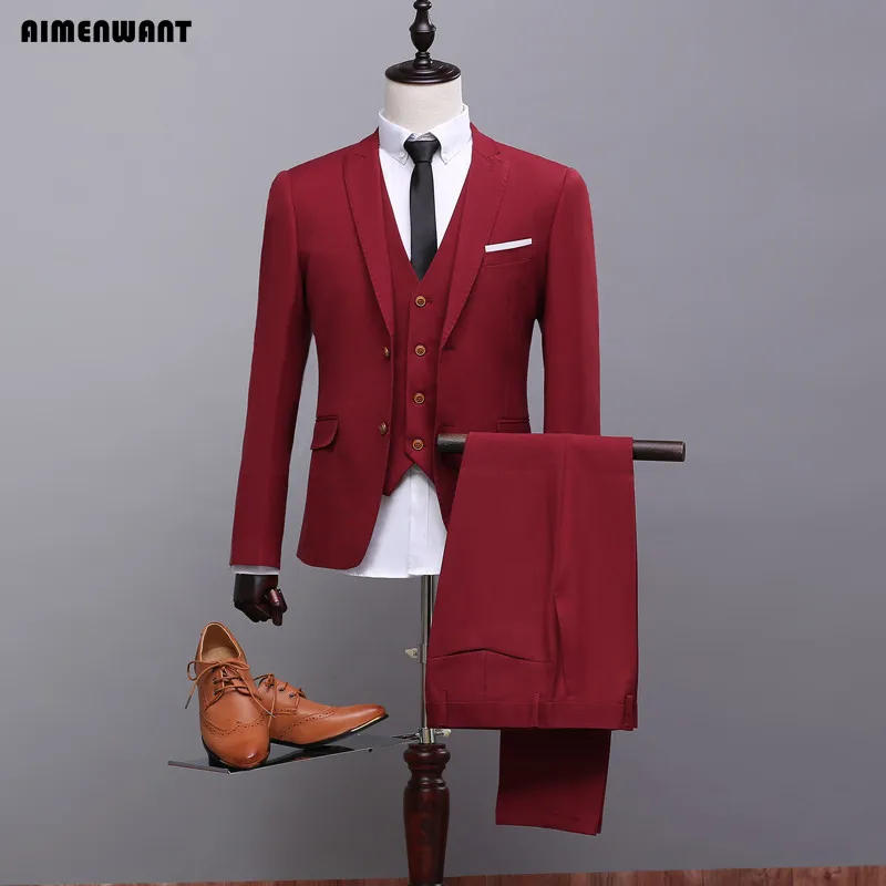 AIMENWANT Mens Wine Red 3 Piece Suit (Jacket+Vest+Pants) Customize
