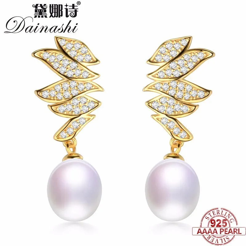

Real 925 Sterling Silver Women Leaf Drop Earrings,Natural Freshwater Pearl Earrings,High Luxter,Strong Light,Fine Jewelry