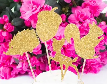 

Glitter gold Squirrel Forest Animals Birthday Cupcake Toppers wedding baptism Gender Reveal Party Decor food treats toothpicks