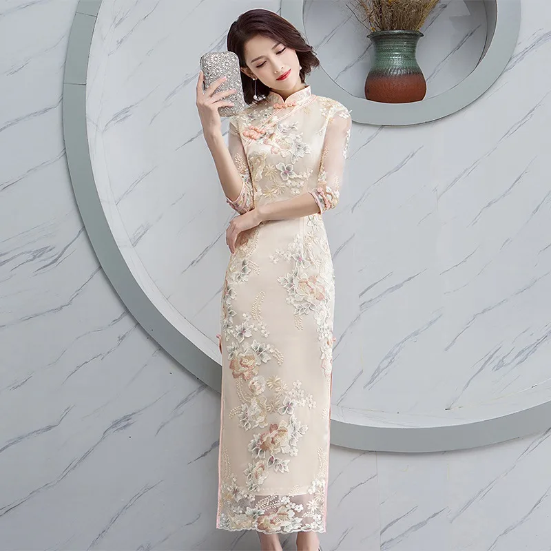 Элегантное женское длинное платье в стиле русалки, китайское платье с национальной вышивкой, воротник-стойка, Cheongsam, большой размер, 3XL, сексуальное кружевное платье
