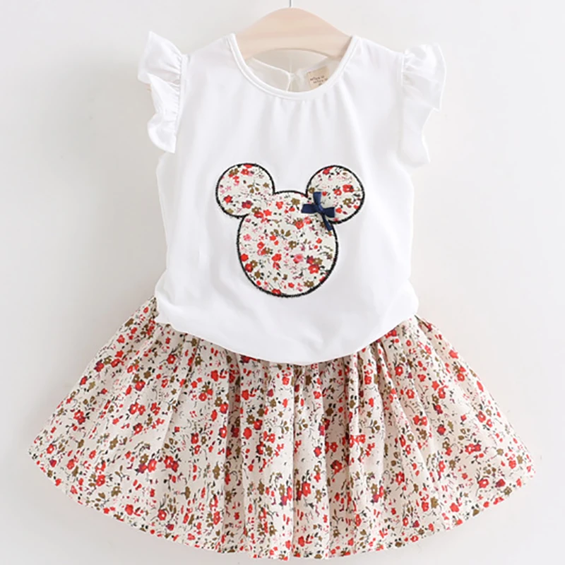

Girls' Clothing Sets Summer New Children's Clothing Girls Cartoon Floral Flying Sleeves Tops+dress Two-piece Children's Suits