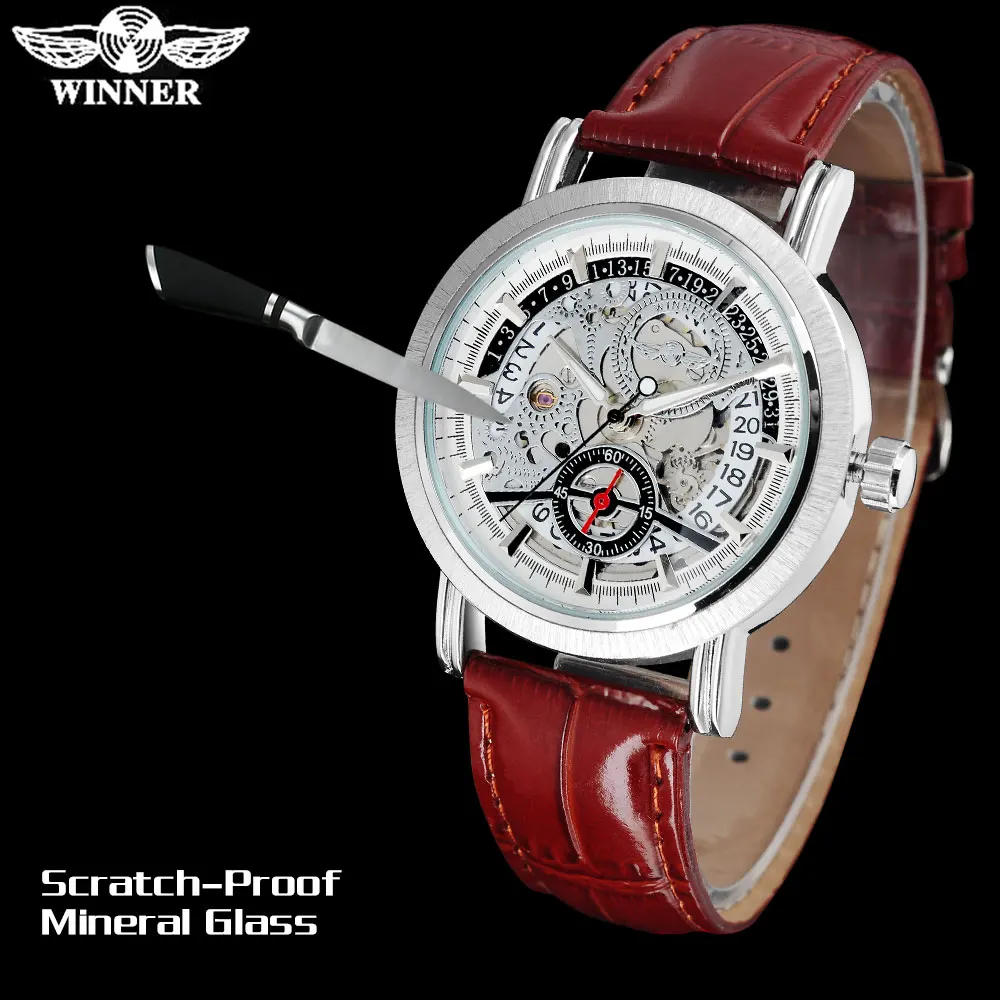 الفائز أزياء العلامة التجارية الرجال الساعات الميكانيكية حزام جلد الرجال عارضة الرياضة التلقائي الهيكل العظمي المعصم relogio masculino
