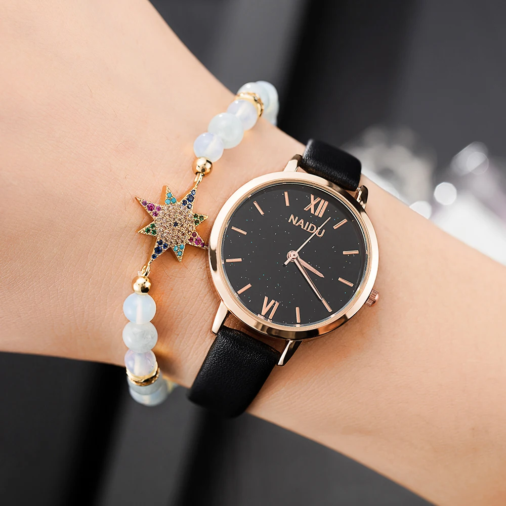 

3PCS Women's skin leather wristwatches set with blue agate star bracelet 2018 new designer gift set with watch box for gift hot