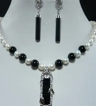 

7-8MM White Akoya Pearl +Black STONE Pendant Necklace Earring Set hook wholesale women's jewelryLuxury Girls Wedding