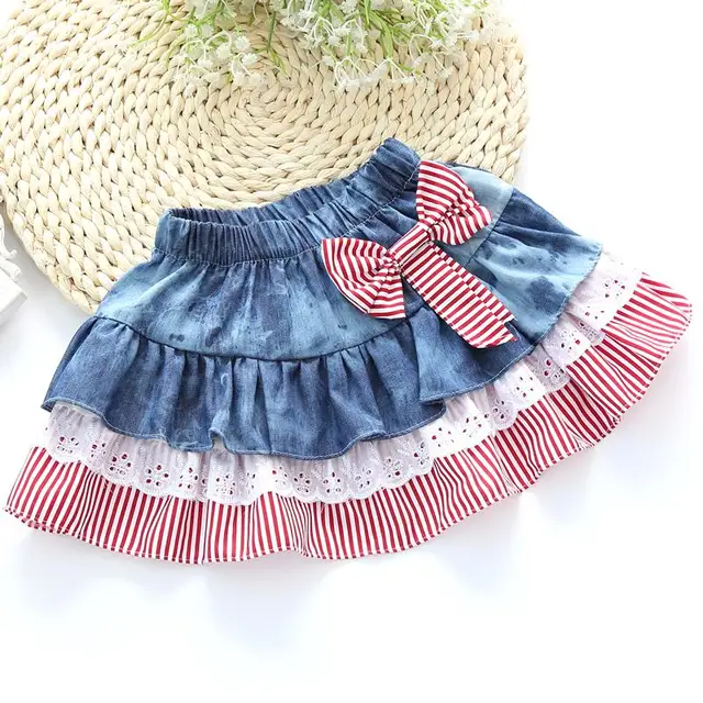 2016 stripe personalized children's jeans skirt bow lace lace skirts