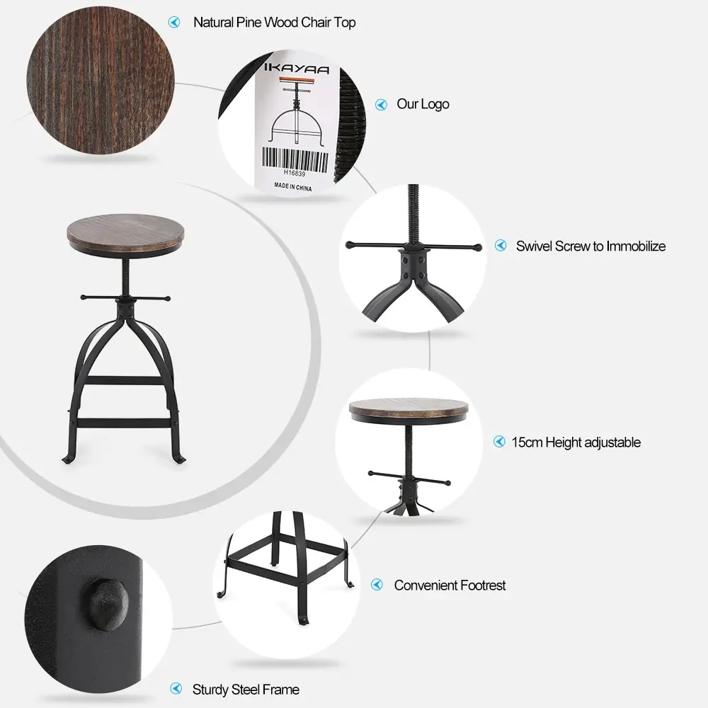 iKayaa Industrial Style Bar Stool Adjustable Height Swivel Kitchen Dining Breakfast Chair Natural Pinewood Top Bar Stool
