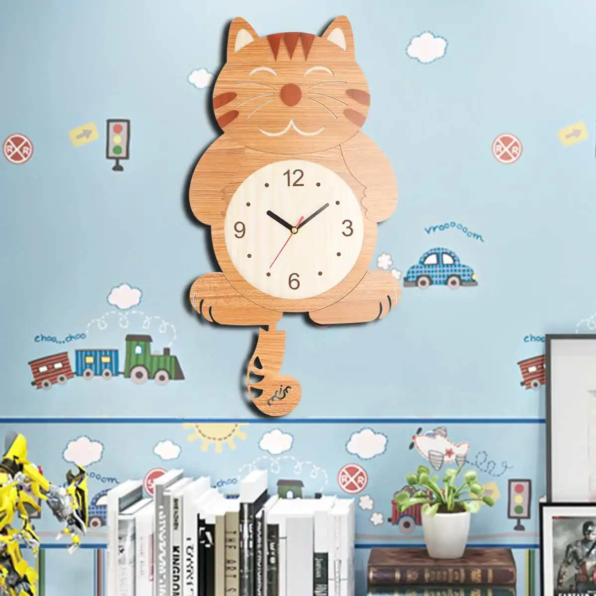 

Wall Clock Wooden Cat Pattern Swinging Tail Pendulum Cartoon Clocks Battery Operated Room Home Decor Wood Hanging Wall Clocks