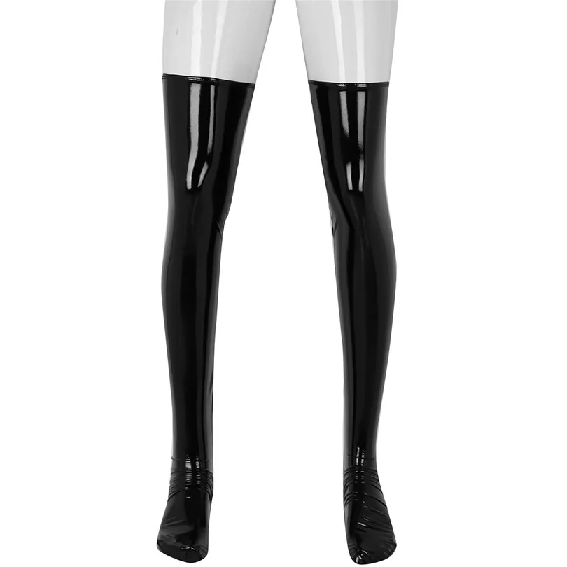 IEFiEL/мужские сексуальные противоскользящие мягкие эластичные чулки из лакированной кожи с эффектом мокрого взгляда до бедра, Клубная одежда, костюм, носки для косплея