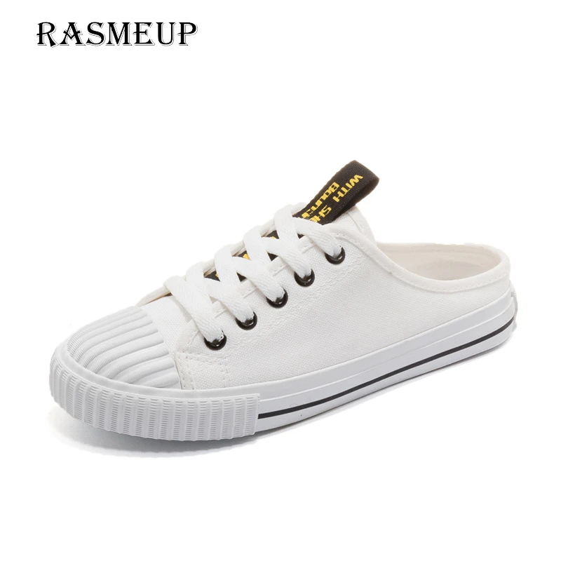 

RASMEUP Women's Canvas Slippers Shoes White 2018 Spring Summer Women Half Slipper Sneakers Casual Woman Slip On Lazy Footwear