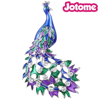 

100pcs a lot Silver-Tone Multi Austrian Crystal Enamel Cocky Peacock Bird Brooch