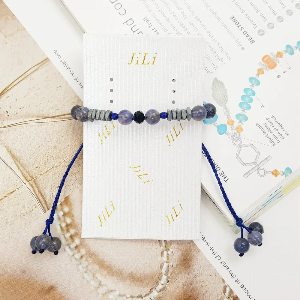

Natural Stone Blue Iolite 6mm Round Beads&Hematite&Black Spinels Hand -Knit Rope Braclet for Men or Women 7''-9''