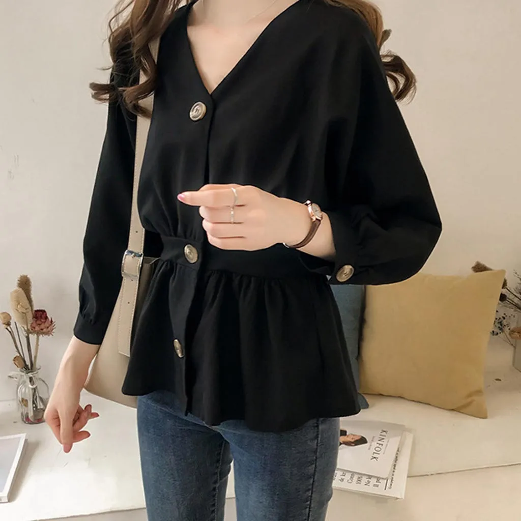 Модная женская рубашка коллекция талии длинный рукав v-образный вырез с пышными рукавами Корейская версия roupas femininas#30