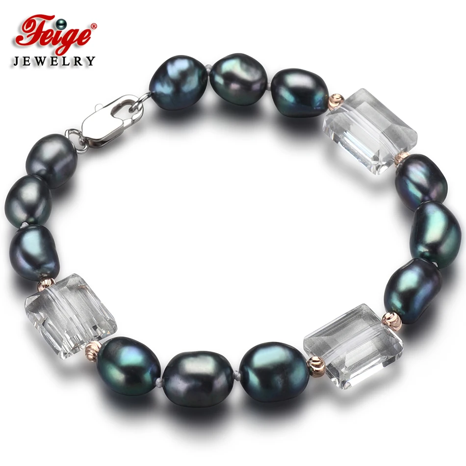 

Feige New special offer Baroque 7-8MM Black Freshwater Pearl Strand Bracelet For Women's White Crystal Pearl Jewelry Pulseras