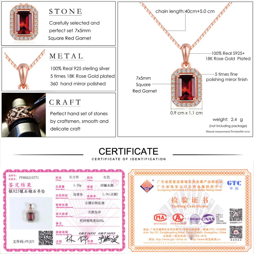 Lamoon 5X7mm 1.1ct Natural Rectangular Red Garnet 925 Sterling Silver Chain Pendant Necklace S925 LMNI053 - Image 6