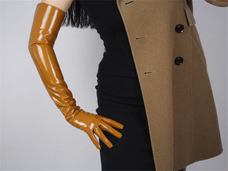 Женские перчатки из лакированной кожи пу, одноцветные, искусственная кожа, яркая кожа, коричневые женские перчатки, косплей, Танцевальная вечеринка, P1370-5