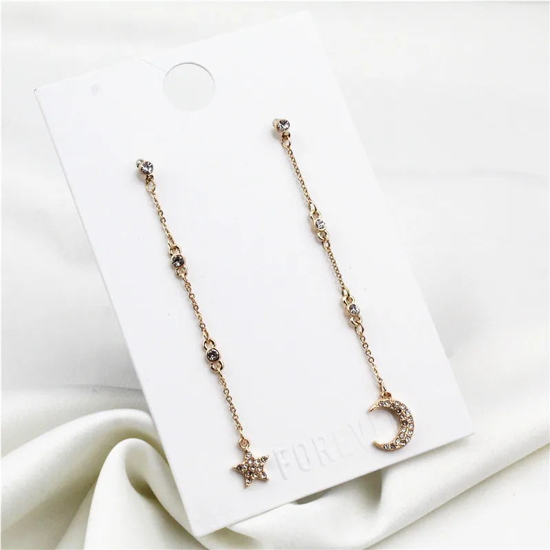 New Statement Elegant Crystal Star Drop Earrings for Women Fashion Long Chain Moon Dangle Jewelry Gift High Quality | Украшения и