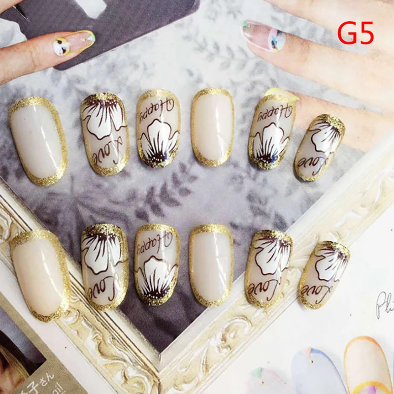 

Fashion 24Pcs/Set Stripe Flower Pattern False Nails Beauty Fake Nails Short Nail Art Tips with Glue Nail Decoration