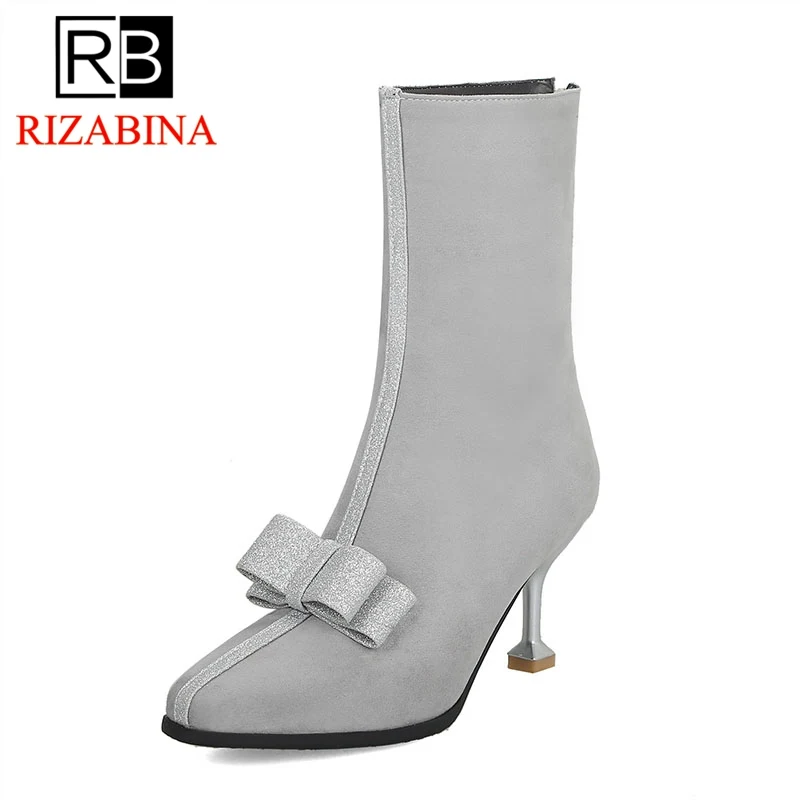 

RIZABINA Size 35-46 Women High Heels Boots Bowknot Shine Mixed Color Woman Shoes Plush Fur Winter Warm Mid Calf Boots Ladies