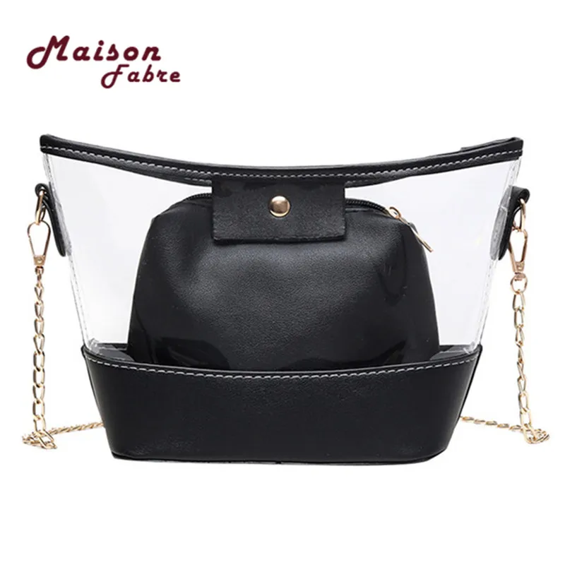 

2019 2Pcs Striped Clear Transparent PVC Women Messenger Crossbody Bag Chains Candy Color Jelly Summer Beach Bag Women Handbag