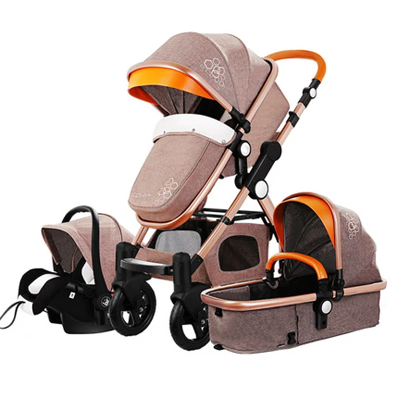 

3 in 1 high landscape stroller children two-way can sit reclining folding four seasons universal leather stroller