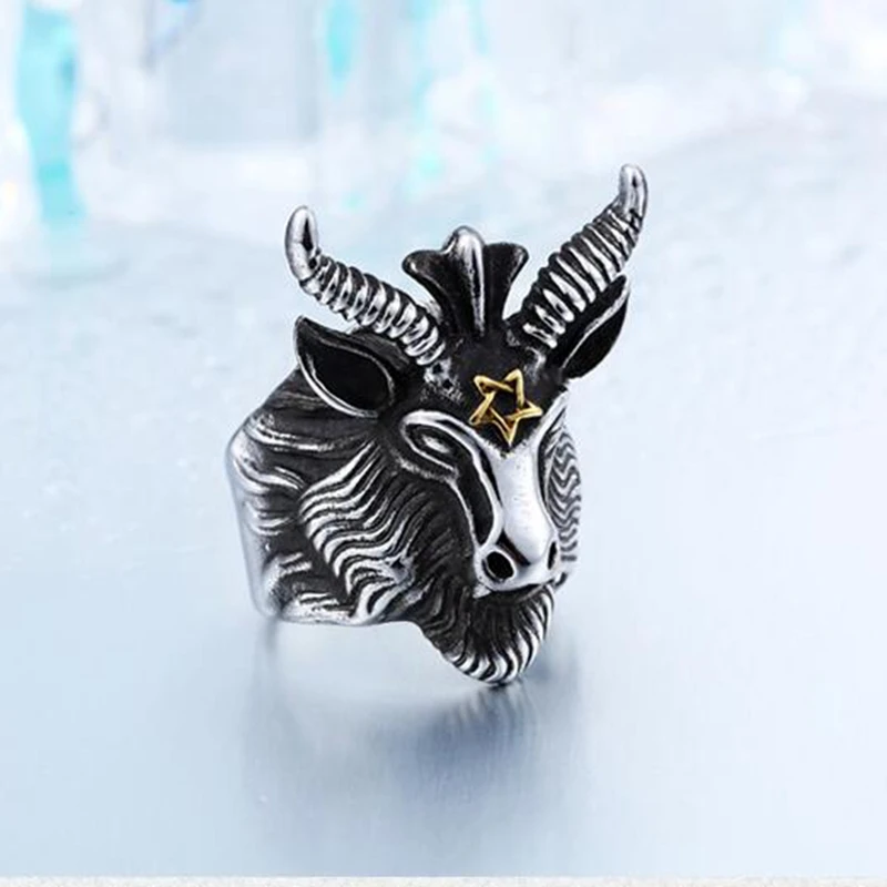 wholesale stainless steel satan worship baphomet ram aries aodiac sheep goat head horn biker rings  (3)