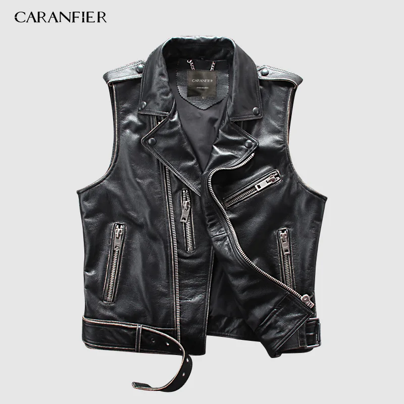 Мужской мотоциклетный жилет CARANFIER 100% из воловьей кожи брендовый Байкерский без