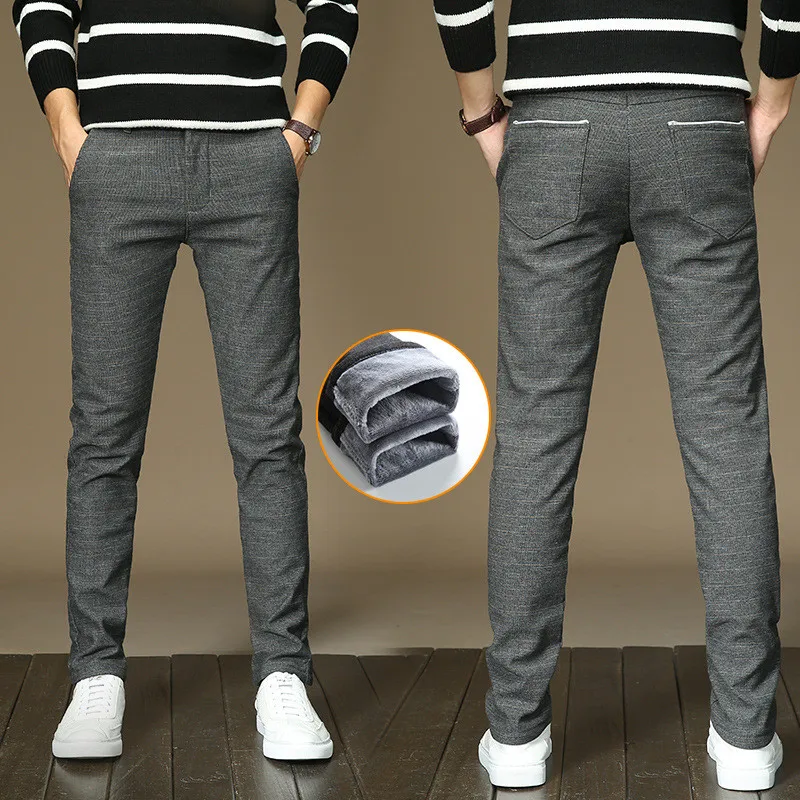 

Mens Stretch Pants with Warm Fleece Dress Pants Flannel Lined Black Blue Grey Trousers Casual Pants Winter