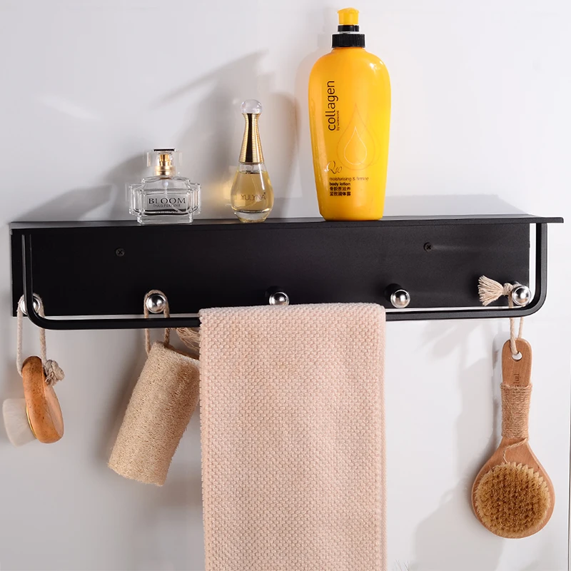 Bathroom Shelf Shower Oragnizer Aluminum Decorative Bathroom Shelves with 5 Hooks Wall Mounted Single Towel Bar Holder Black Bathroom Shelf Shower Oragnizer Aluminum Decorative Bathroom Shelves with 5 Hooks Wall Mounted Single Towel Bar Holder Black