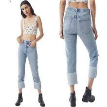 New spring hot fashion casual cuffed ladies pants stitching high waist wide leg ladies jeans loose women's nine points jeans cuffed nine minutes of taper fit jeans