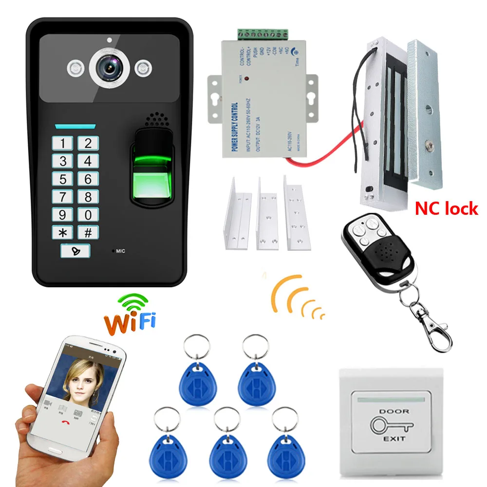Best 720P Wireless WIFI RFID Fingerprint Recognition Video Door Phone Doorbell Intercom System + Electric Magnetic Door Lock 180KG