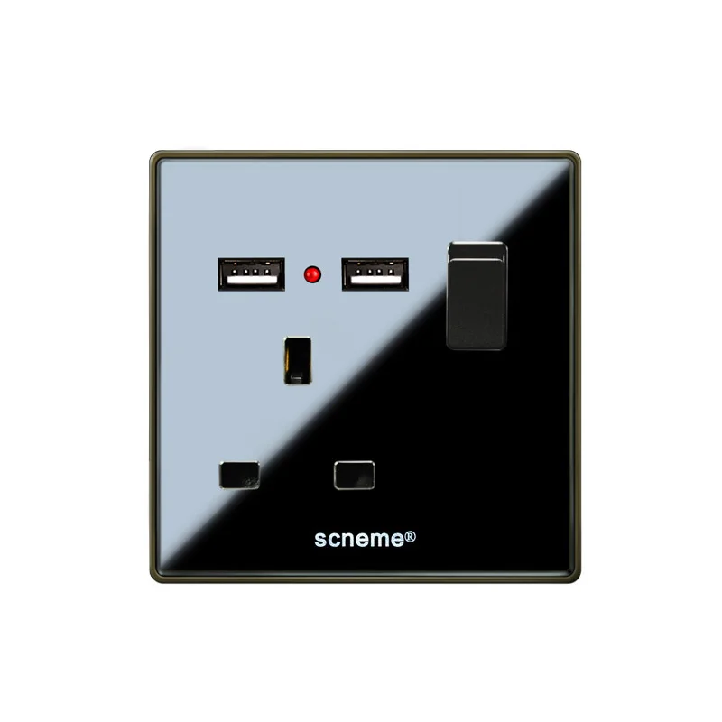 

Double 2.1A USB port wall socket Square hole 3 Pin with 1Gang ON/OFF switch, Black acrylic electrical plug Wall outlet, 13A 250V