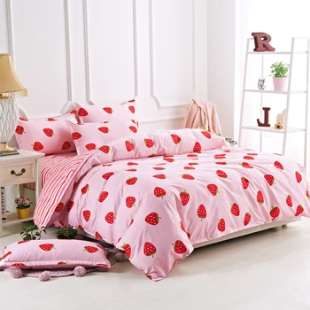 

Pink and red sweet strawberry cartoon Bedding Set Bed Linen Simple Fashion Bed Sheet Duvet Cover Sets 4Pcs Home Textile for girl