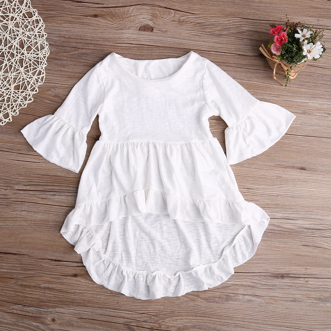 Летнее платье для маленьких девочек с оборками, расклешенный хлопковый белый топ с короткими рукавами, новая модная футболка вечерние с оборками